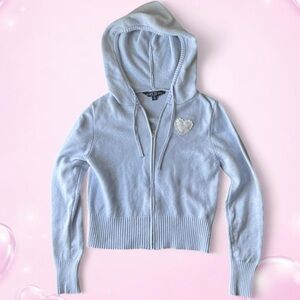 Honey Peach Light Blue Hooded Sweater with Lace Heart Patch
